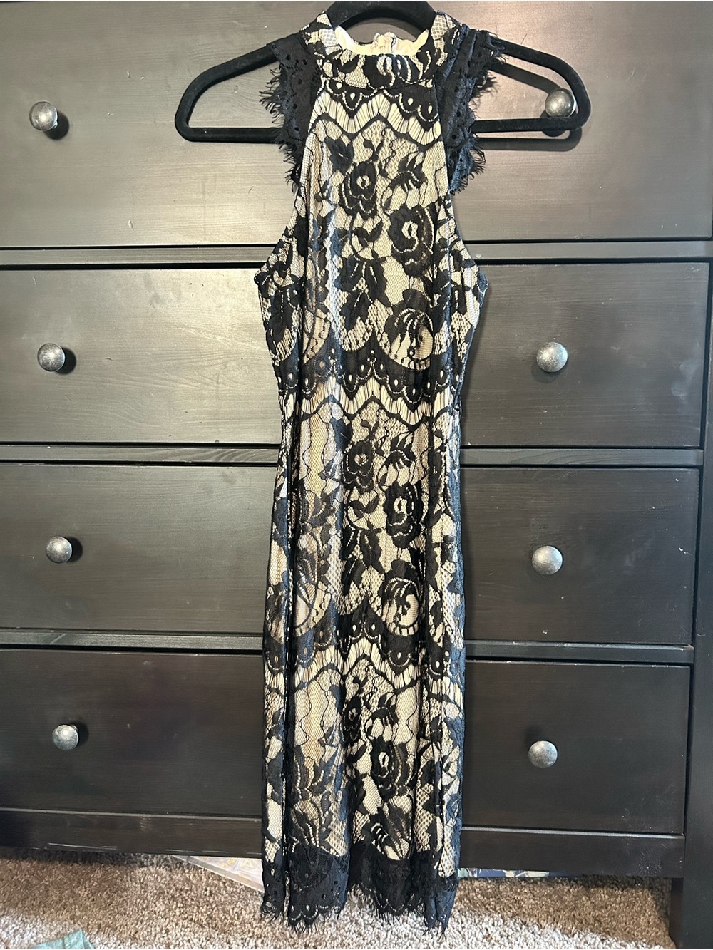 Sleeveless Black Lace Overlay Midi Dress on Cream